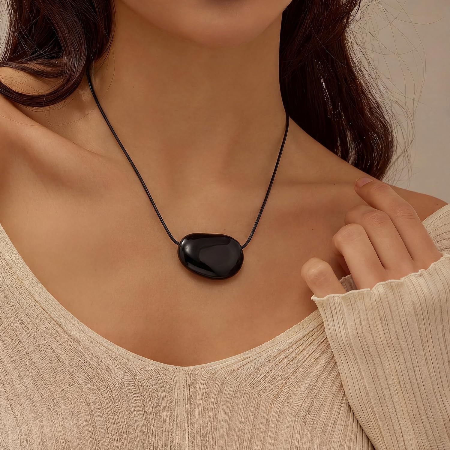 Silver Plated Pebble Pendant Necklace for Women,Chunky Silver Bean Necklace,Large Charm Pendant Necklaces,Black Cord