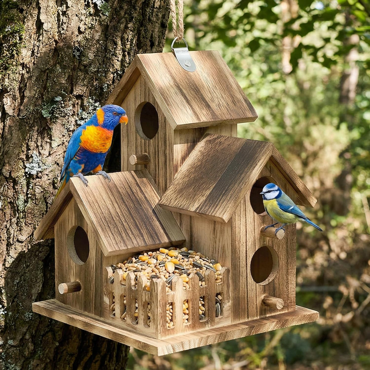 Bird House for Outside, Outdoor 3 Hole Bird House Room Bluebird Finch Wooden Hanging Birdhouse Handmade Wooden