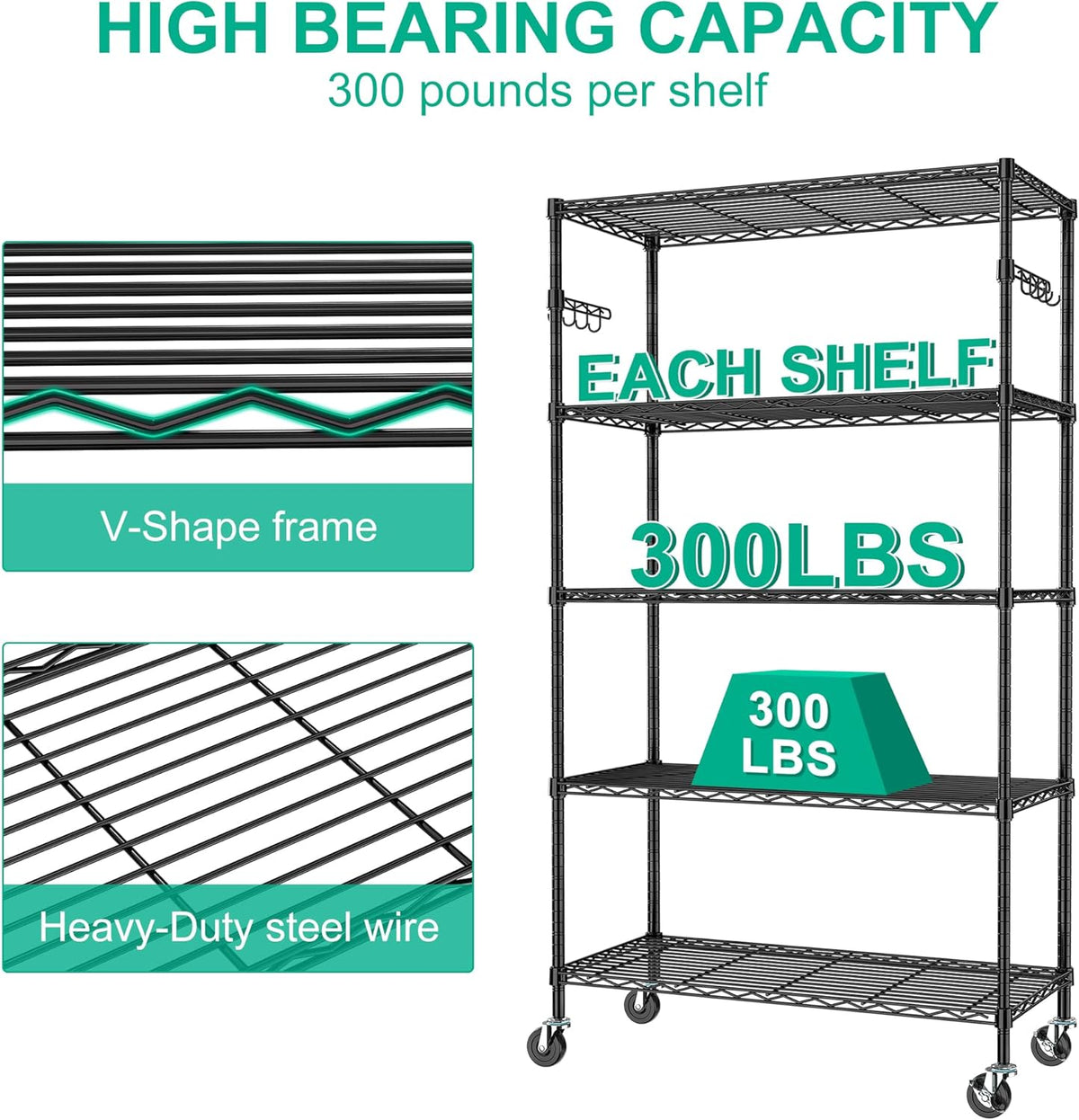 5-Tier Rolling Storage Shelf with Wheels, Metal Wire Shelving Unit
