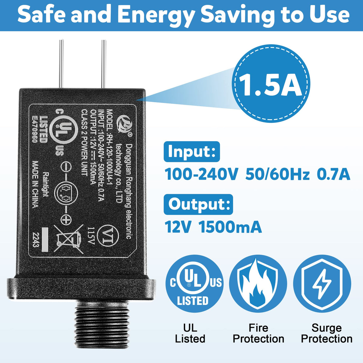 1 Pack 12V 1.5A Class 2 Power Supply, Halloween Inflatables Adapter