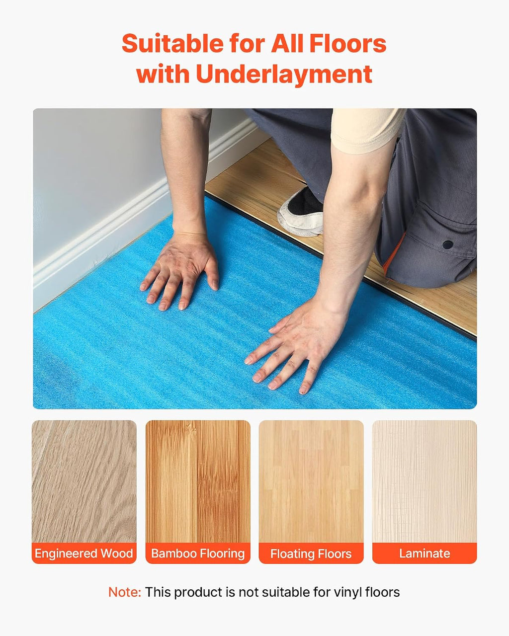 Floor Underlayment 300 sq. ft, 3-in-1 2 mm Thick Flooring Padding with Tape & Vapor Barrier, Heavy Duty EPE Foam