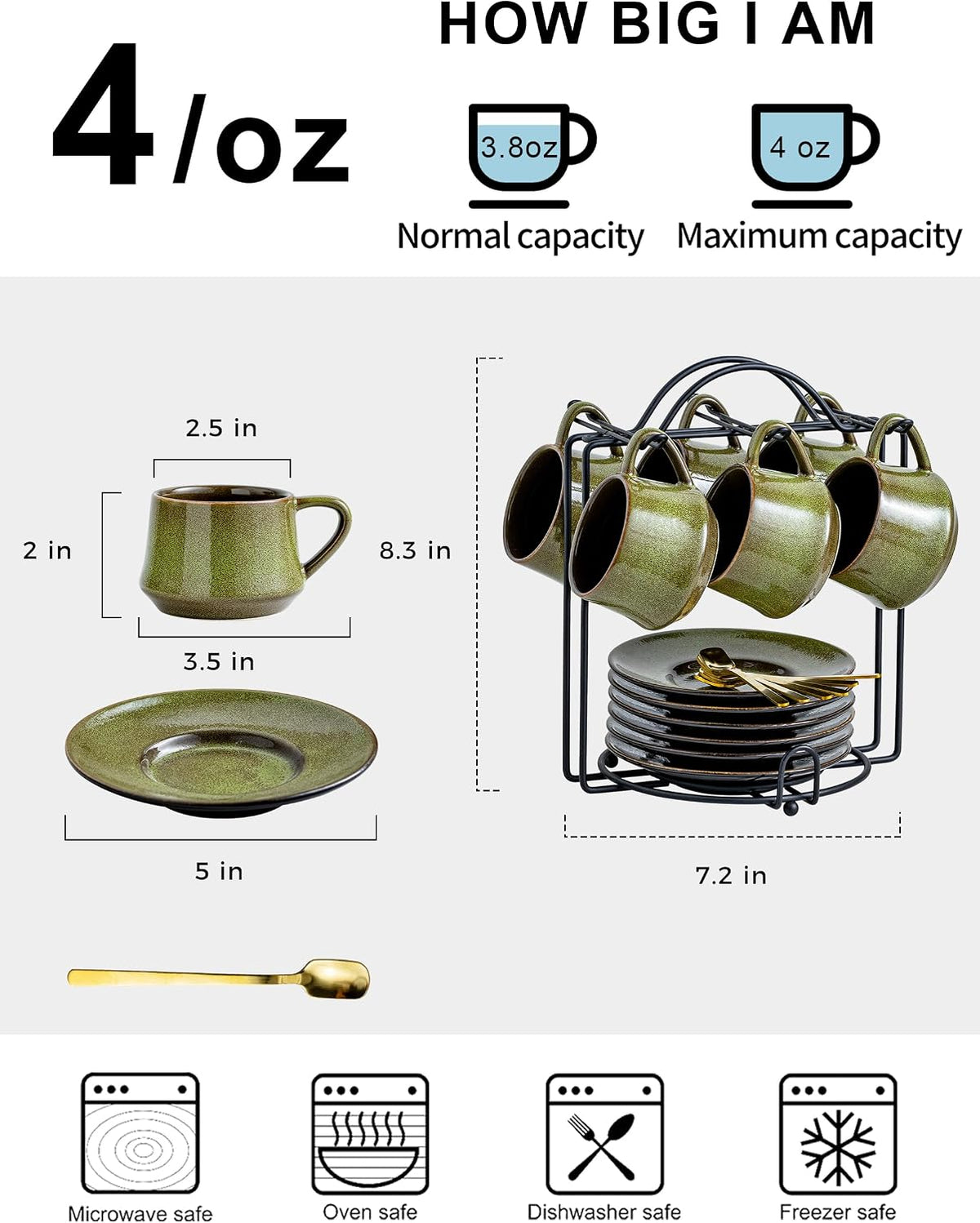 Ceramic Espresso Cups Set of 6, 4 Oz Expresso Shots Cup, Green