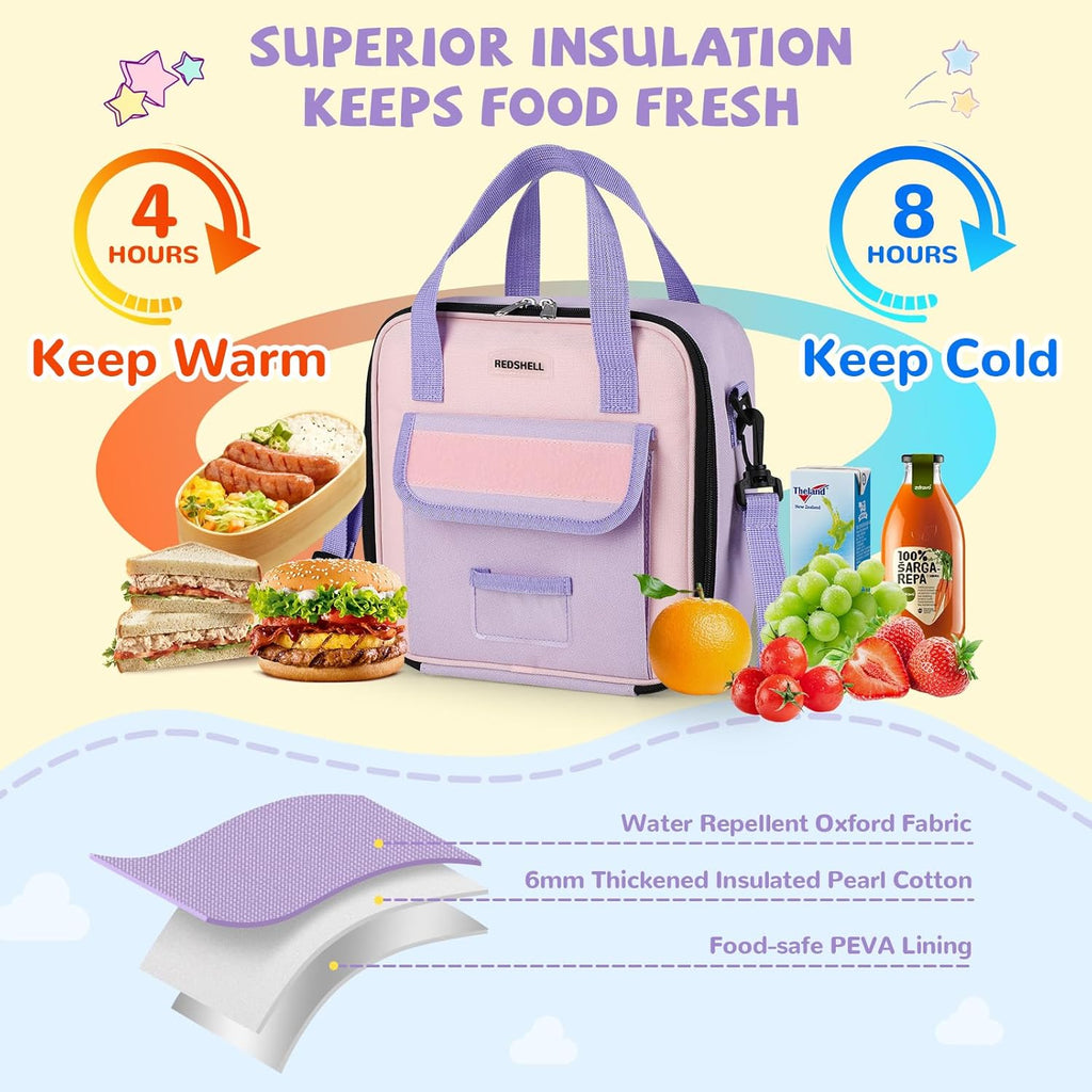Lunch Box Kids, Large Insulated Lunch Bag for Girls, Purple | Tactical Style, Cooler Lunchbag, Square Toddler