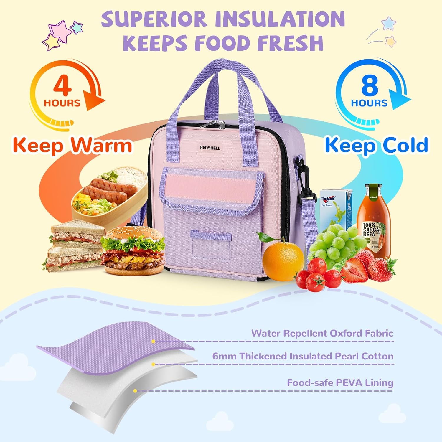 Lunch Box Kids, Large Insulated Lunch Bag for Girls, Purple | Tactical Style, Cooler Lunchbag, Square Toddler