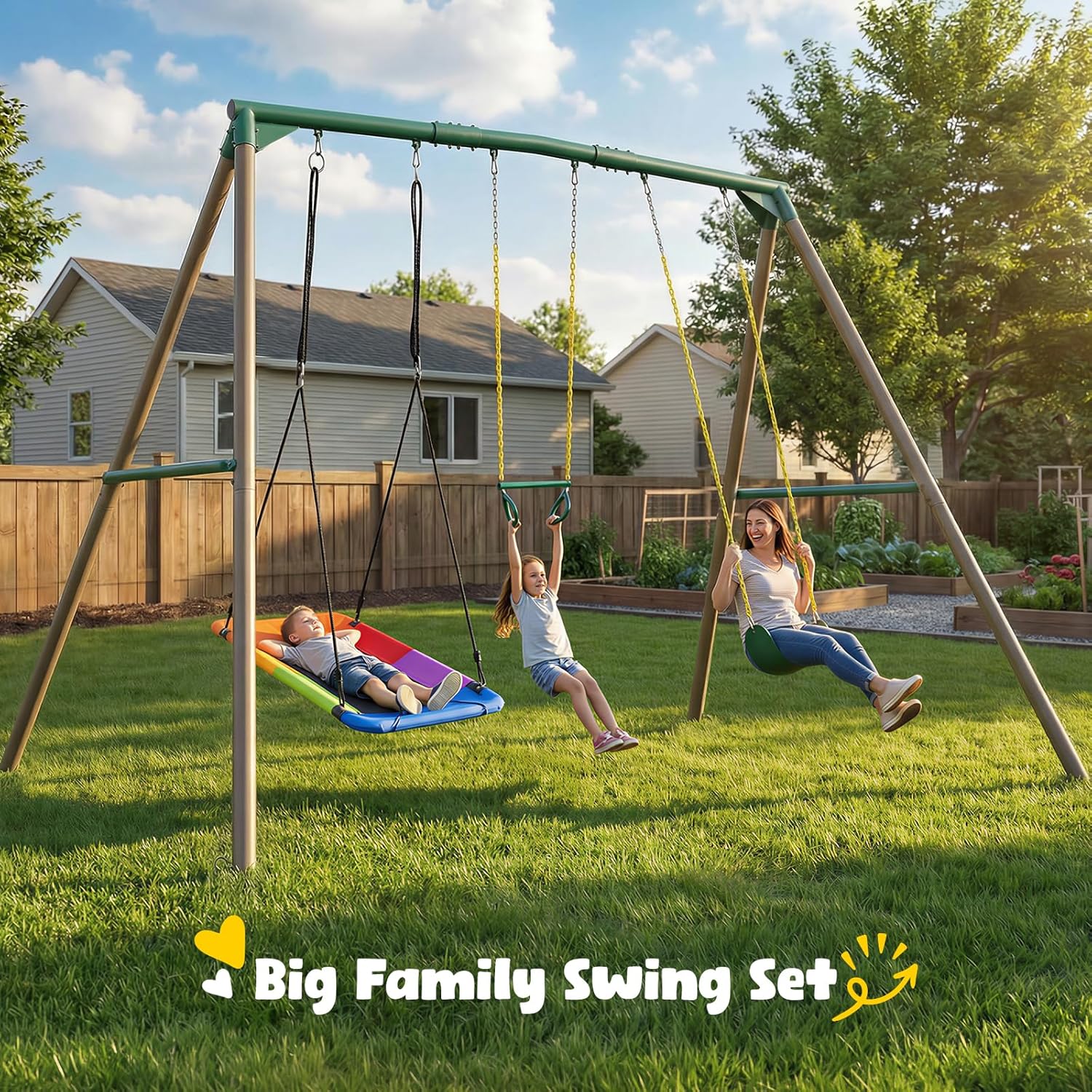 9.5' Tall Swing Sets for Backyard with Platform Swing, Heavy Duty Metal Swingset Outdoor for Kids with Trapeze Bar