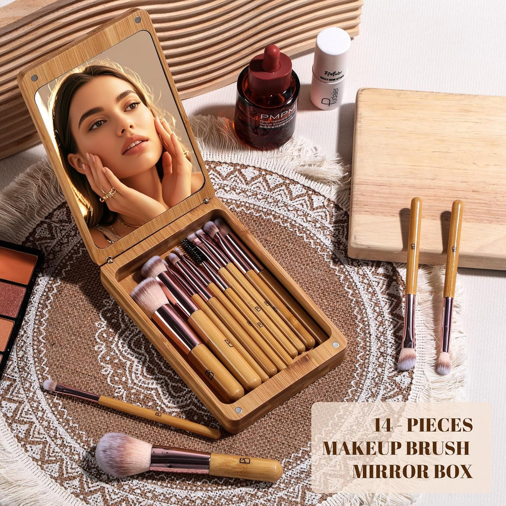 14Pcs Travel Makeup Brush Set, Foundation/Concealer/Eye,LED Mirror (E-Bamboo)