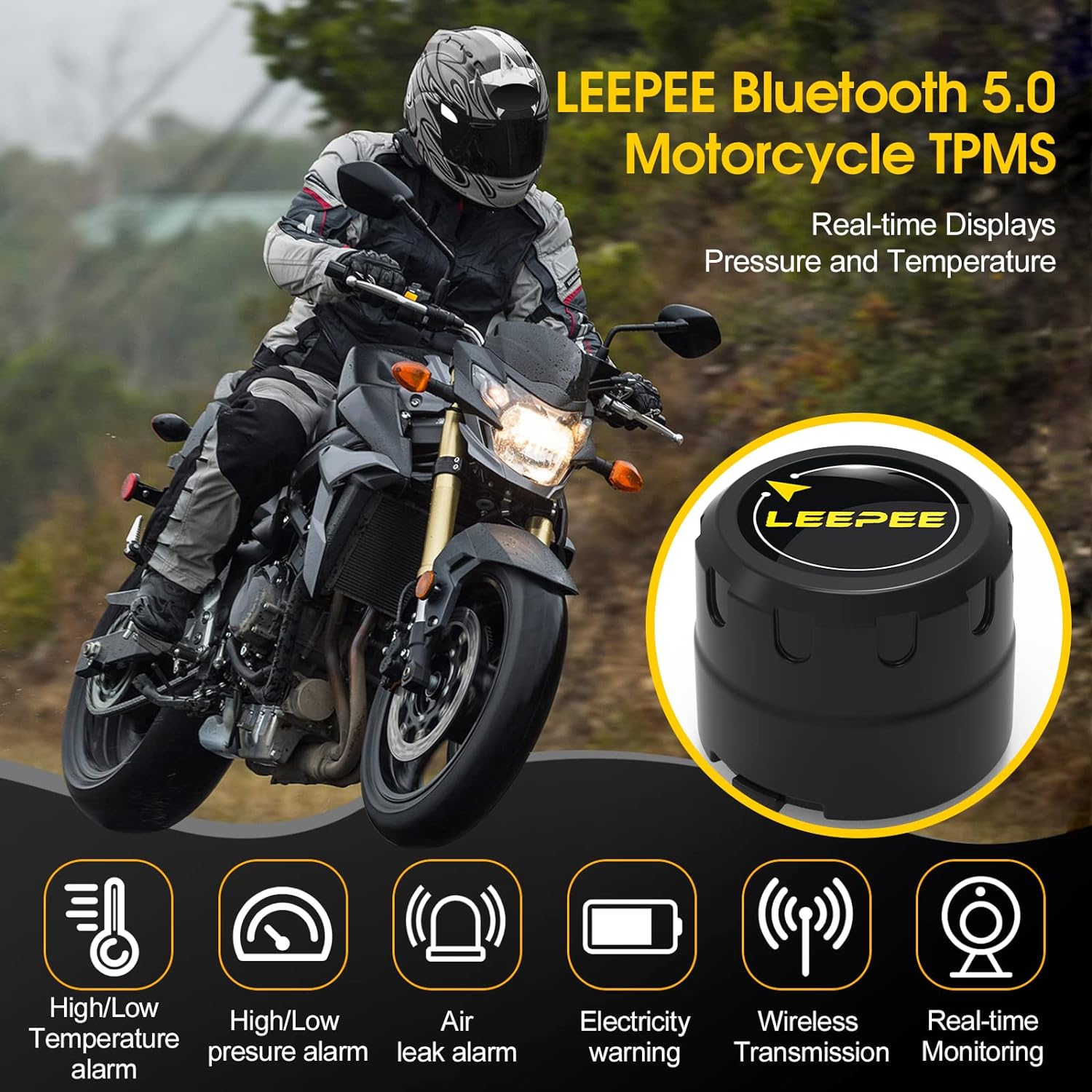 Motorcycle Tire Pressure Monitoring System, Tire Pressure and Temperature Alarm, Wireless Motorcycle TPMS with 2