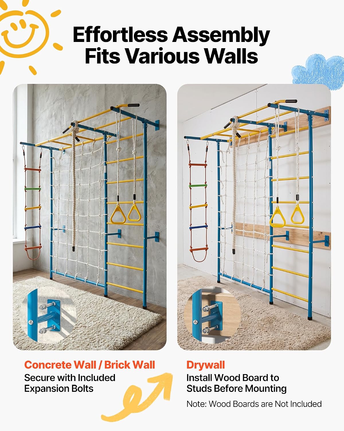 Indoor Jungle Gym for Toddlers, 7-in-1 Climbing Playset with Carbon Steel Swedish Ladder, Wall Ladder, Pull-Up Bar