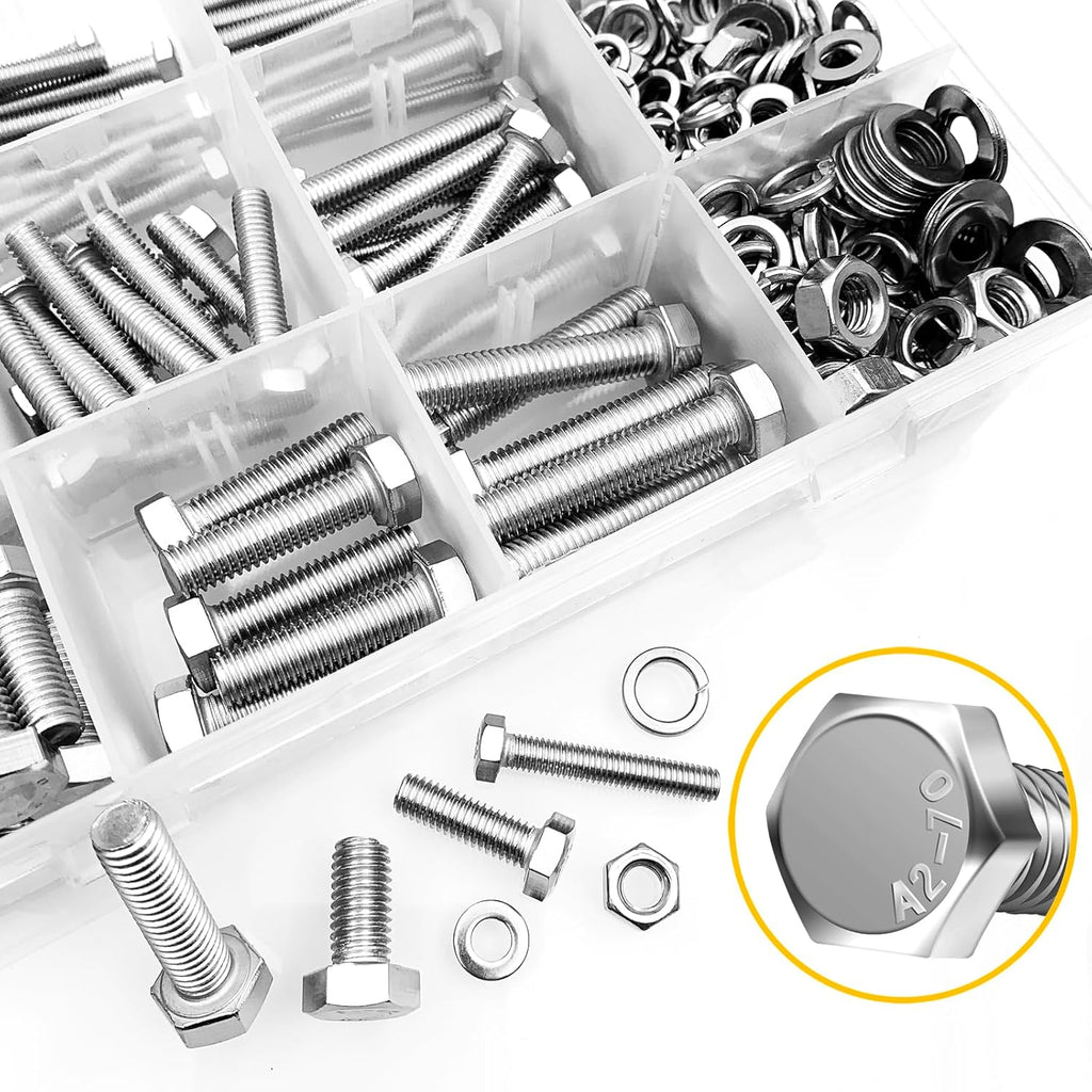 448PCS M5 M6 M8 Screw Set, Metric Bolt Assortment, 304 Stainless Steel, Nuts and Bolts Set Flat & Spring Washers, Hex