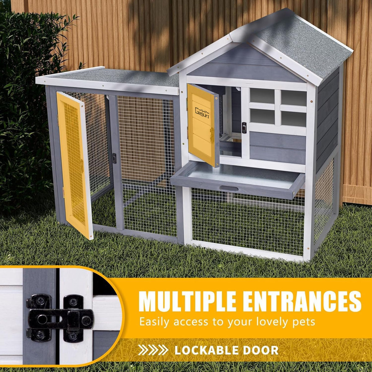 Wooden Rabbit Hutch, Indoor Outdoor Chicken Coop Bunny Cage with Waterproof Roof