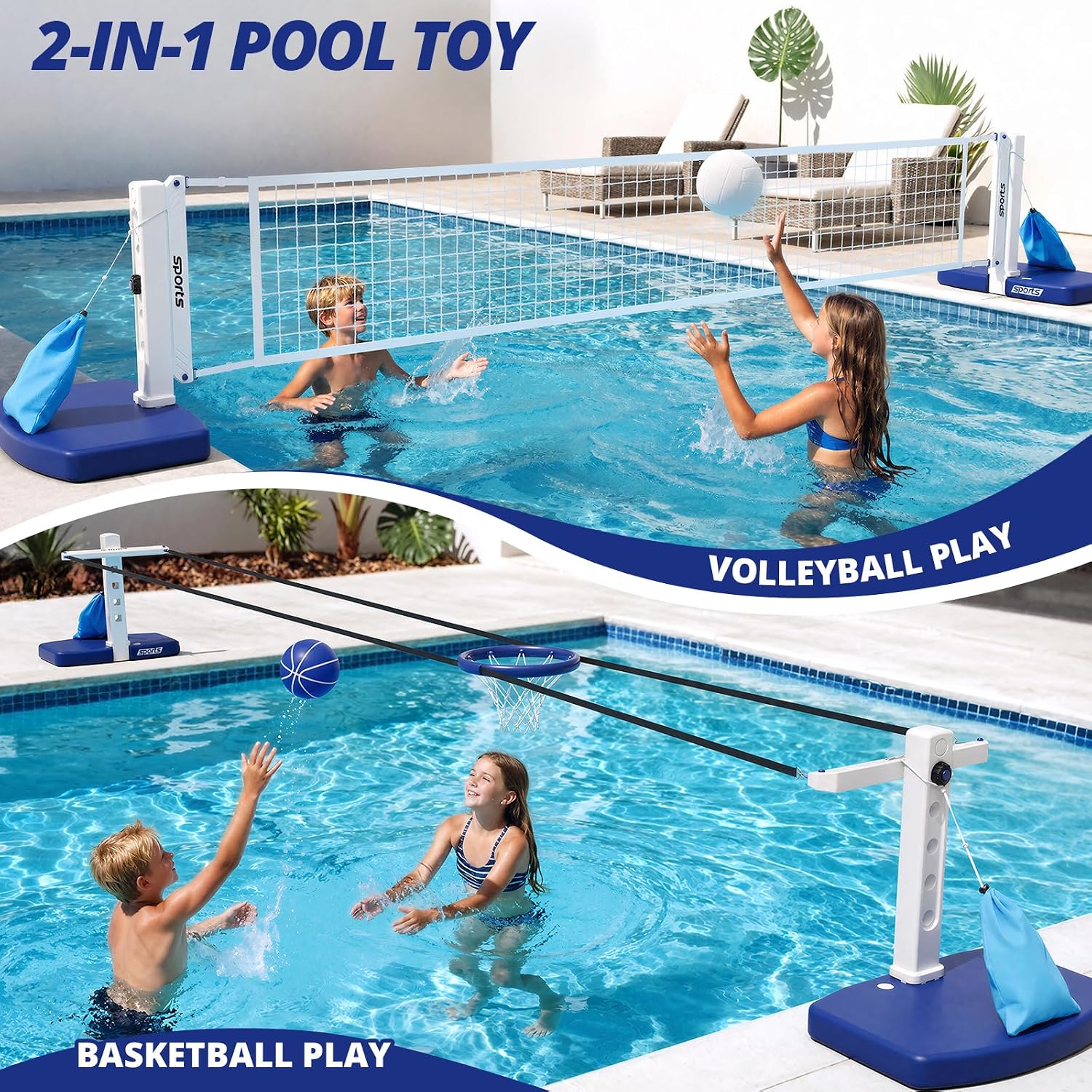 2 in 1 Pool Volleyball Net & Basketball Hoop Set | Adjustable Swimming Poolside Net for Inground Pool, Summer Outdoor