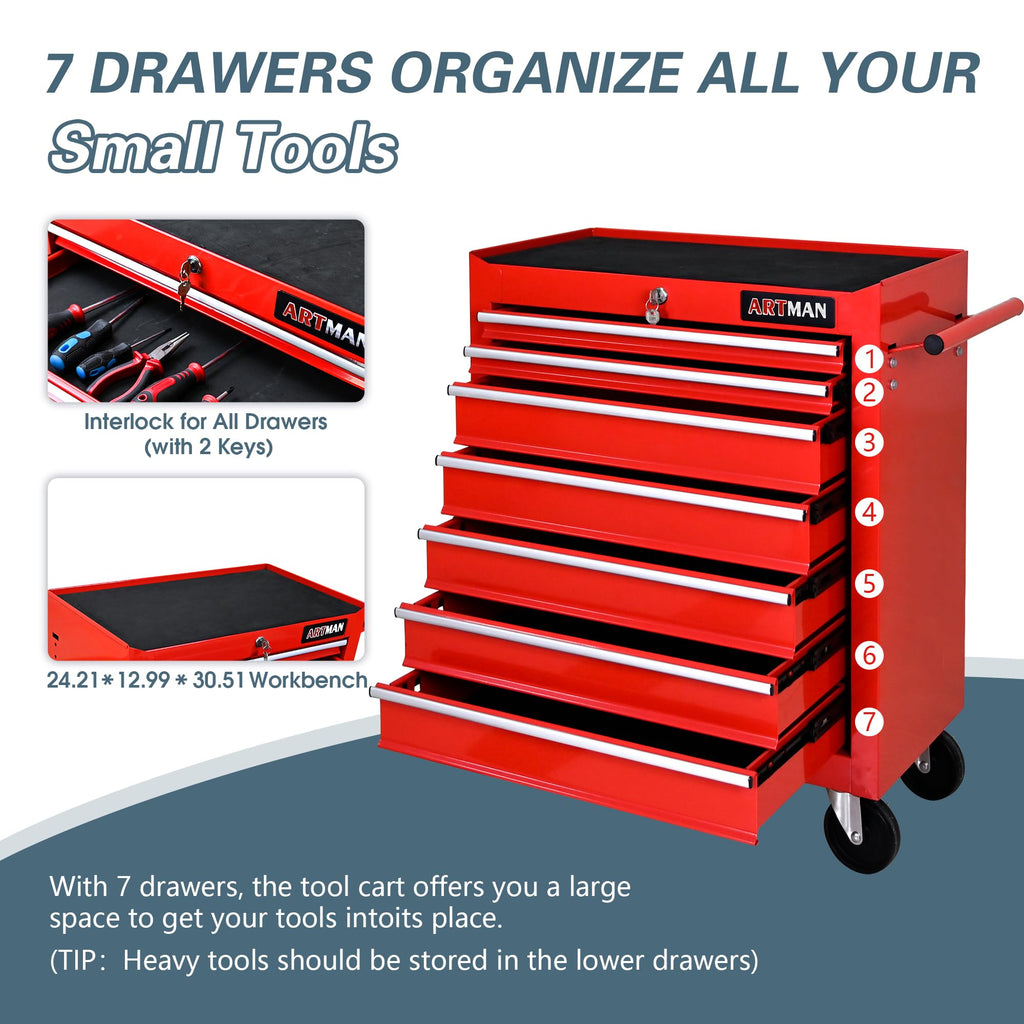 7 Drawers Rolling Tool Chest on Wheels, Multifunctional Tool Cart Tool Storage, Drawers Rolling Tool Trolley