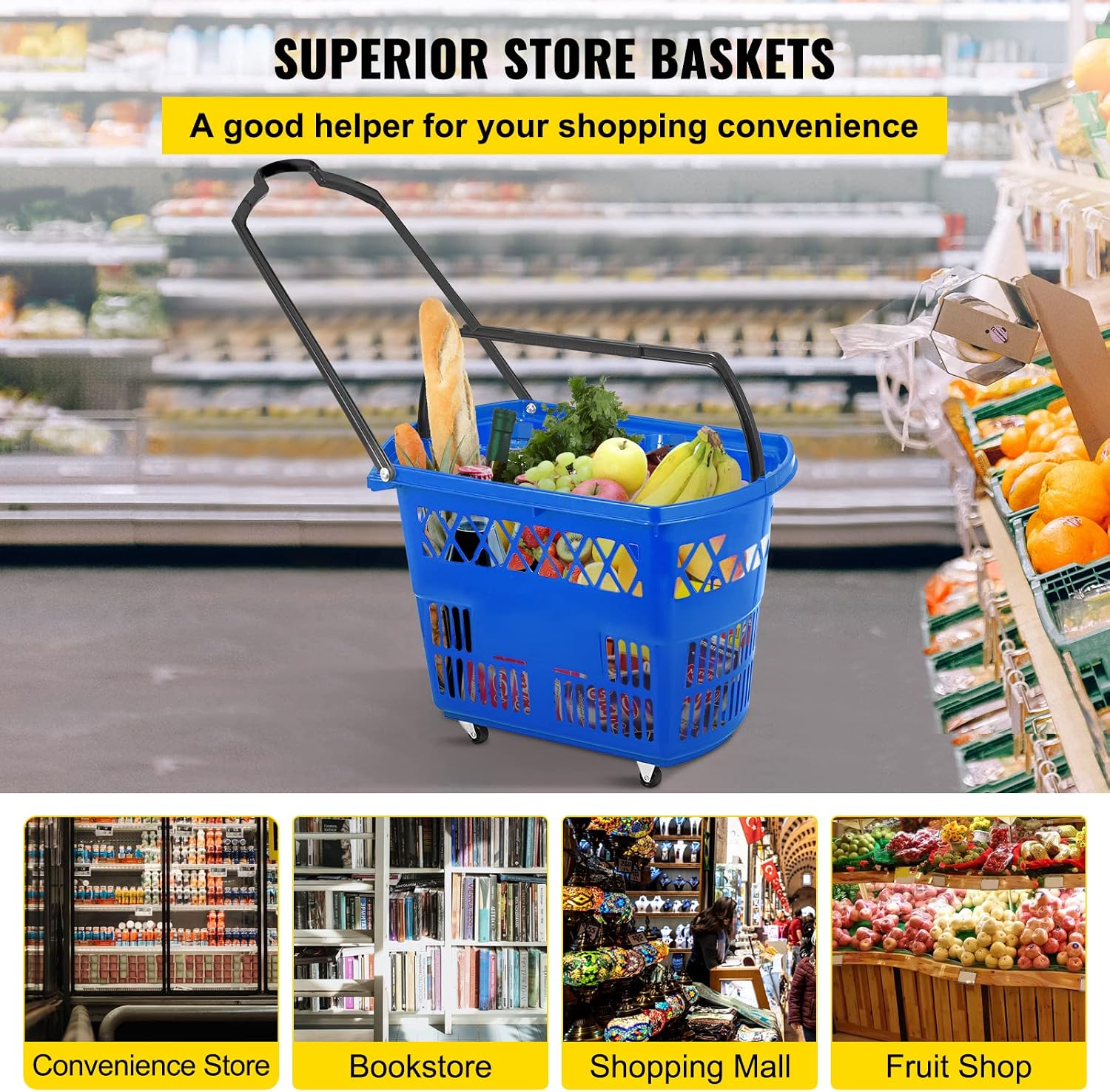 6PCS Shopping Carts, Blue Shopping Baskets with Handles, Plastic Rolling Shopping Basket with Wheels, Portable