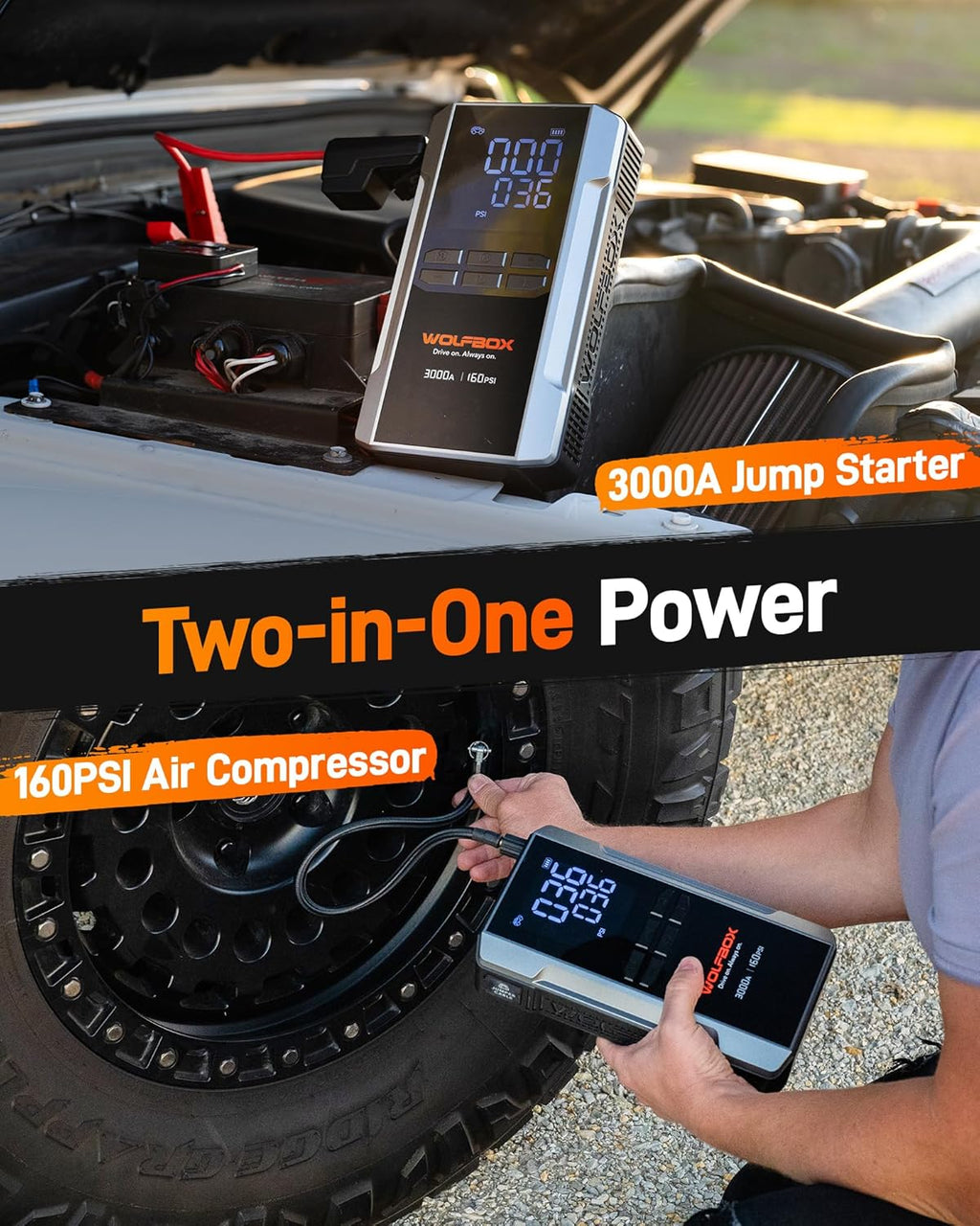 3000A Jump Starter with Air Compressor, 59.2Wh&160PSI Portable Car Battery Jump Starter with 65W Fast Charging, 12V