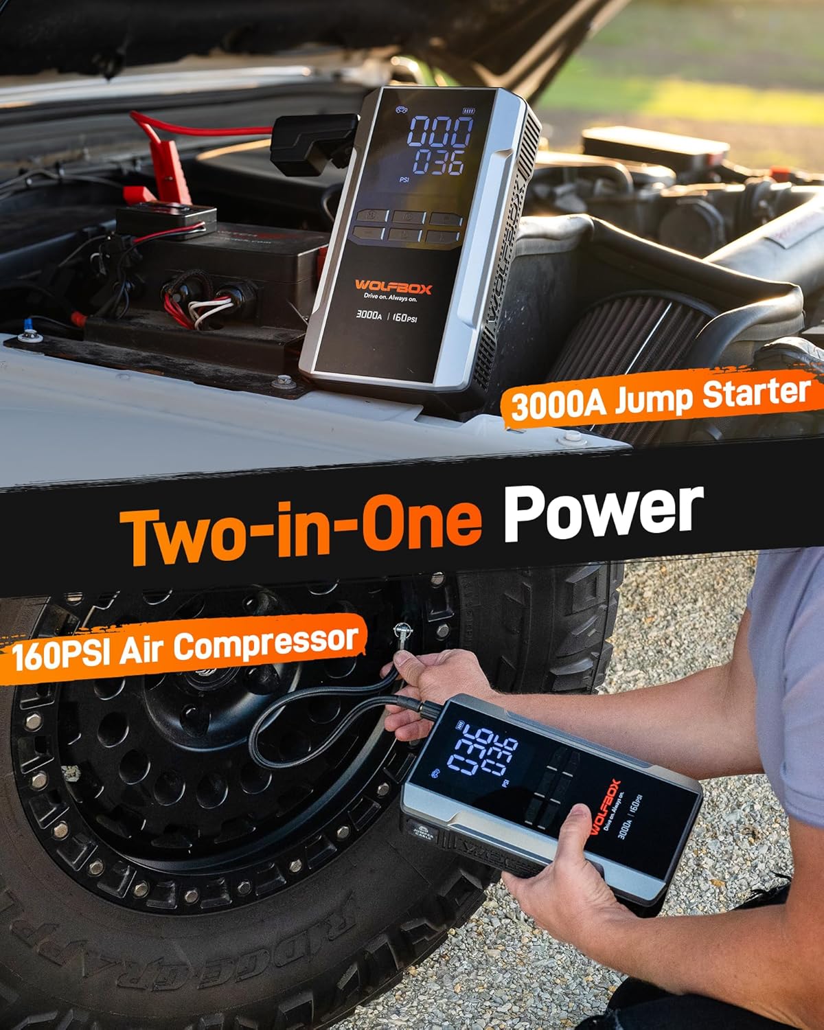 3000A Jump Starter with Air Compressor, 59.2Wh&160PSI Portable Car Battery Jump Starter with 65W Fast Charging, 12V