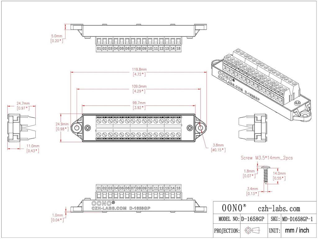 16Amp 300V 15x2 Position Terminal Block Distribution Module. OONO D-1658GP
