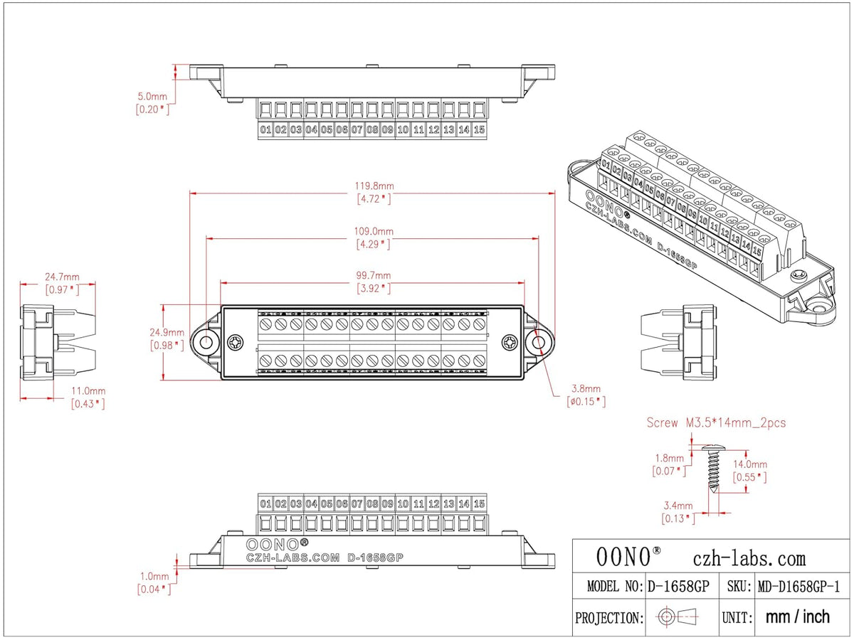 16Amp 300V 15x2 Position Terminal Block Distribution Module. OONO D-1658GP