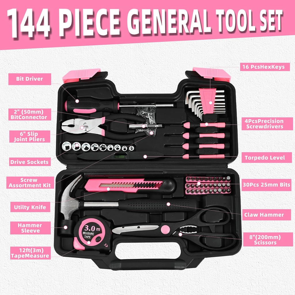 144-Piece Pink Tool Kit Basic Home Repair Tool Set General Household Hand Tool Kit Small Tool Kit with Plastic