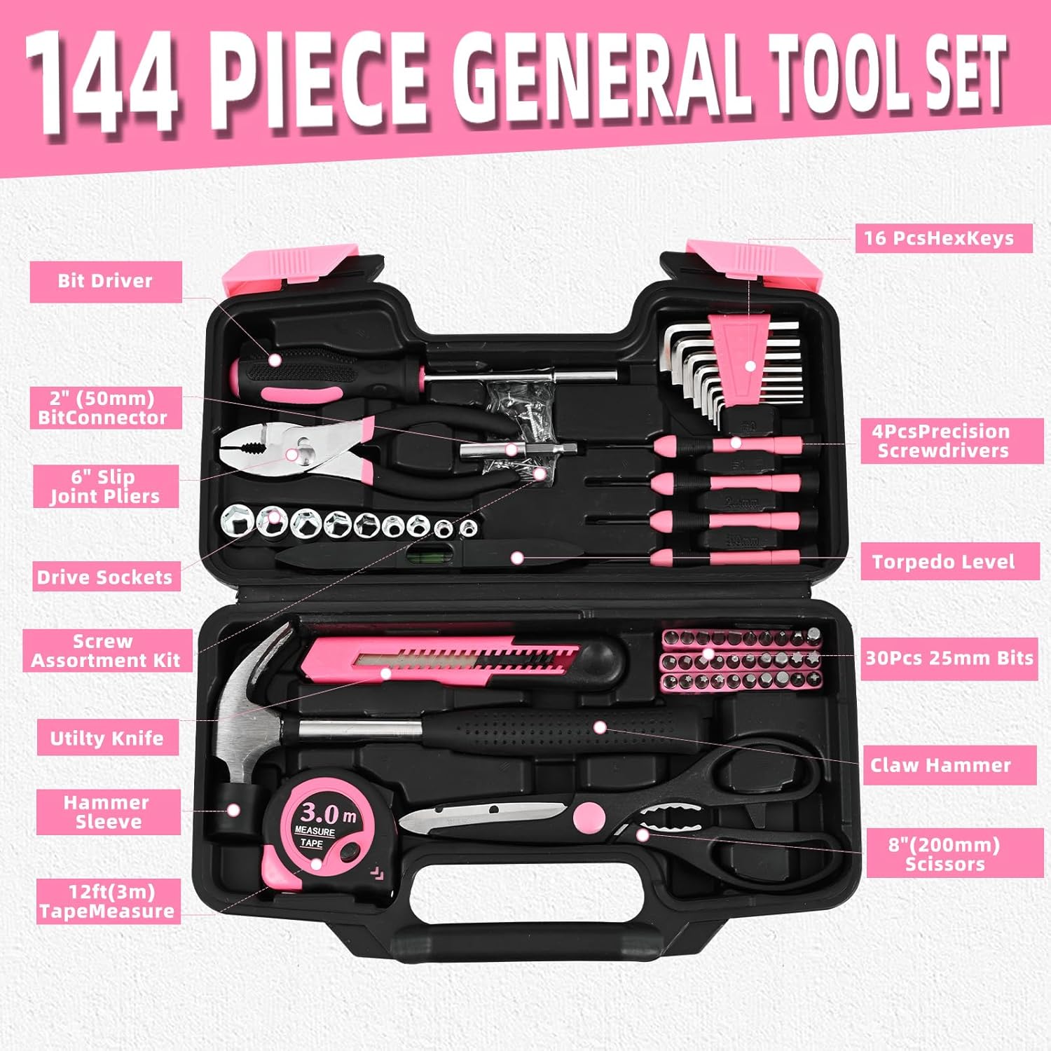 144-Piece Pink Tool Kit Basic Home Repair Tool Set General Household Hand Tool Kit Small Tool Kit with Plastic
