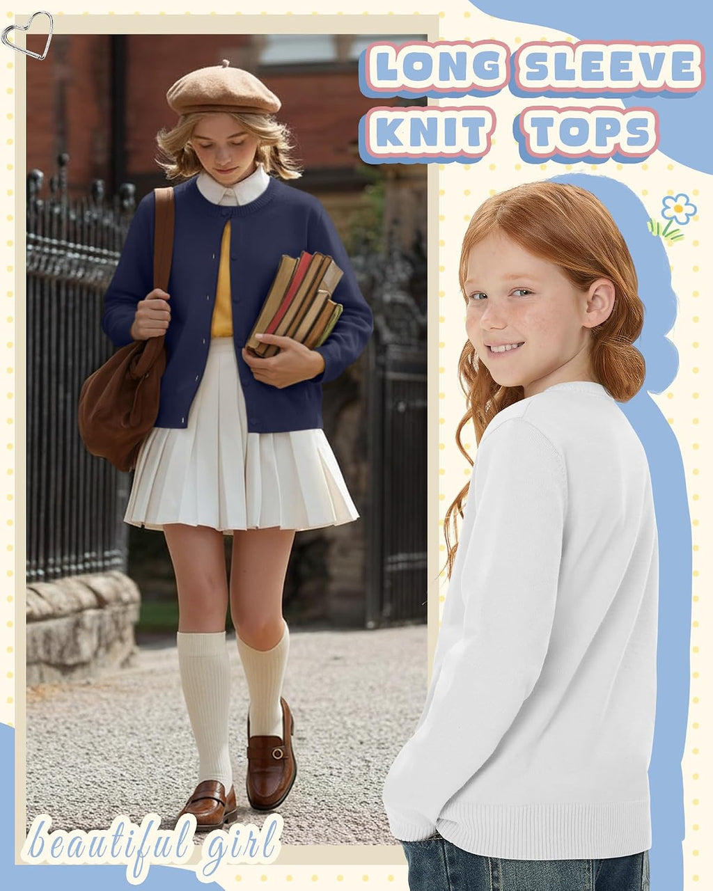 WeekCheer 2 Pack Girls Button Cardigan Sweater | Long Sleeve, Knit Tops, Kids School Uniforms, Fall Winter, 4-12