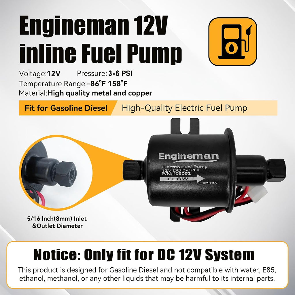 Universal Electric Fuel Pump Kit 12V 3-6 PSI Low Pressure with Fuel Filter 6.56 FT 5/16" ID Fuel Line Replacement For