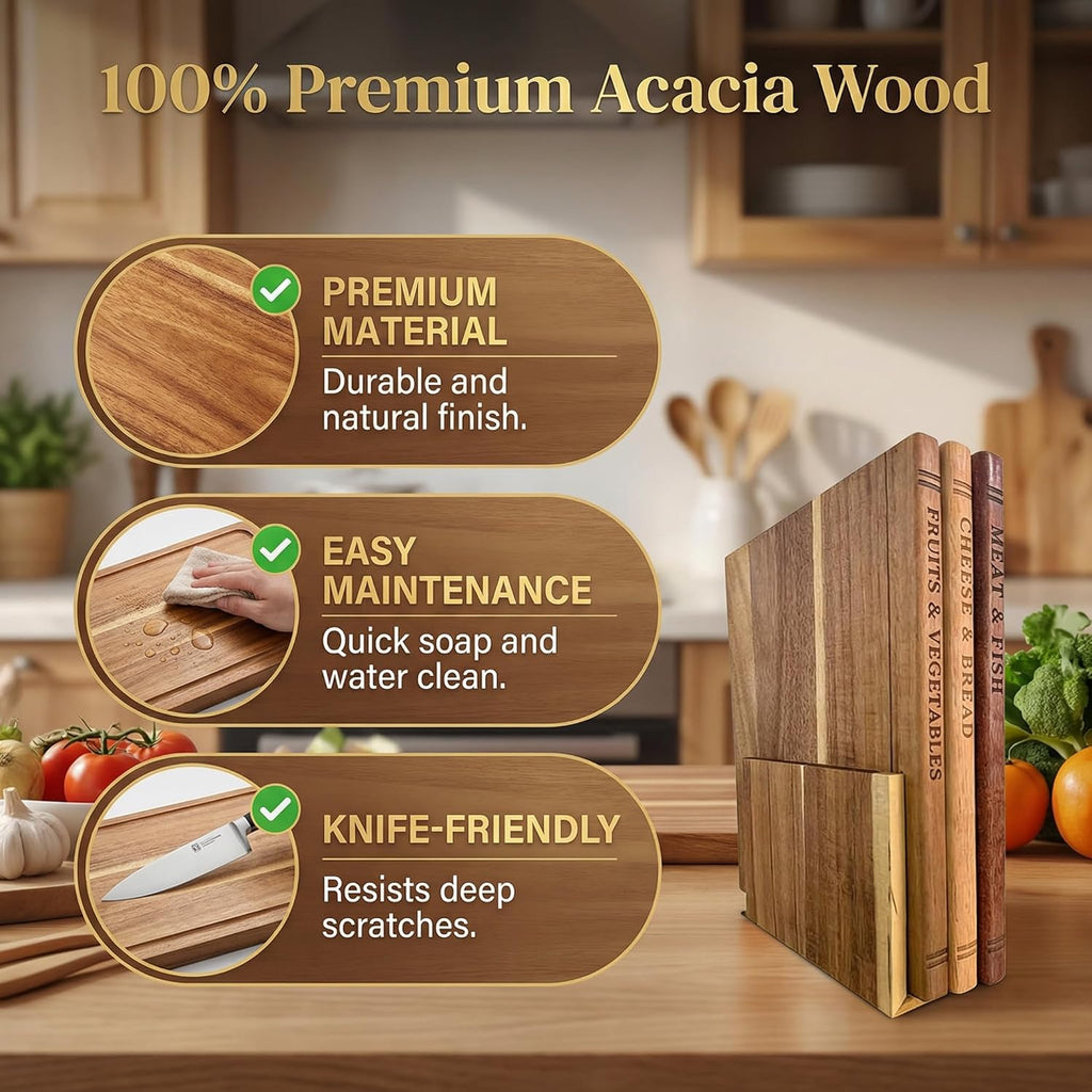 Book Cutting Board Set - Food Safe, Non-Slip Chopping Boards for Kitchen Organization and Stylish Serving,Acacia Wood