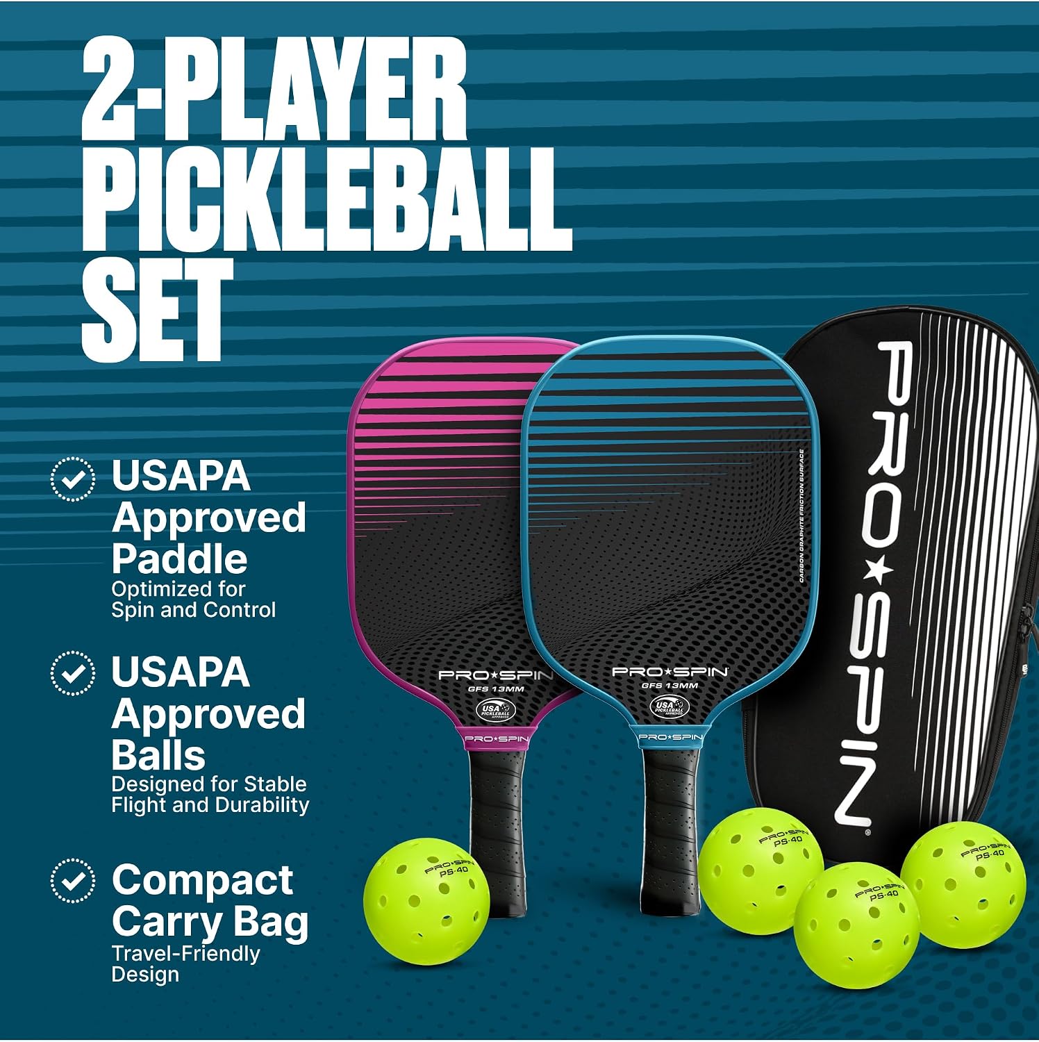 Carbon Fiber Pickleball Paddles Set of 2 | Lightweight Pickleball Set with Indoor/Outdoor Balls and Bag – Durable