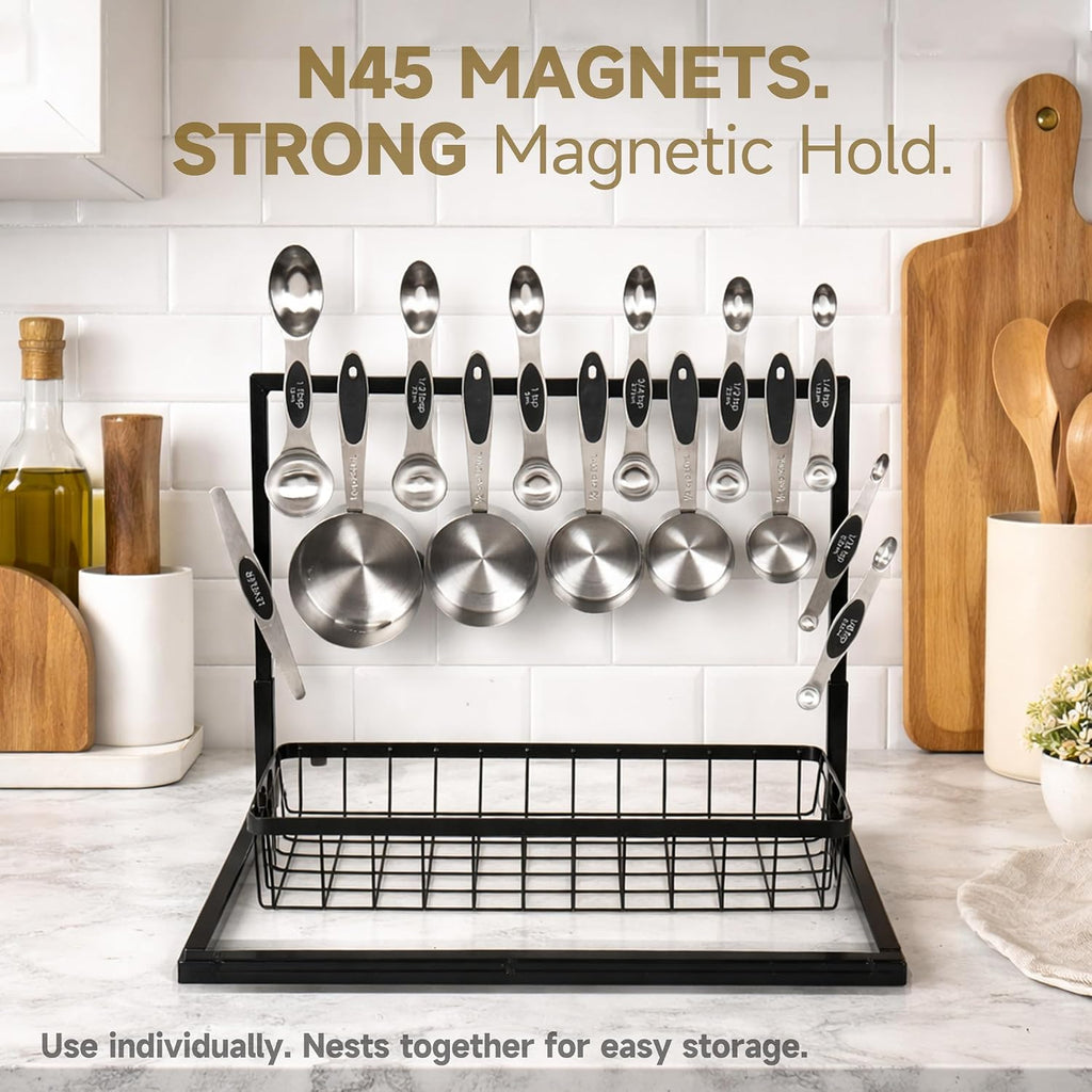 Magnetic Measuring Cups and Spoons Set, Strong N45 Magnets, 304 Stainless Steel, Double-Sided Measuring Spoons