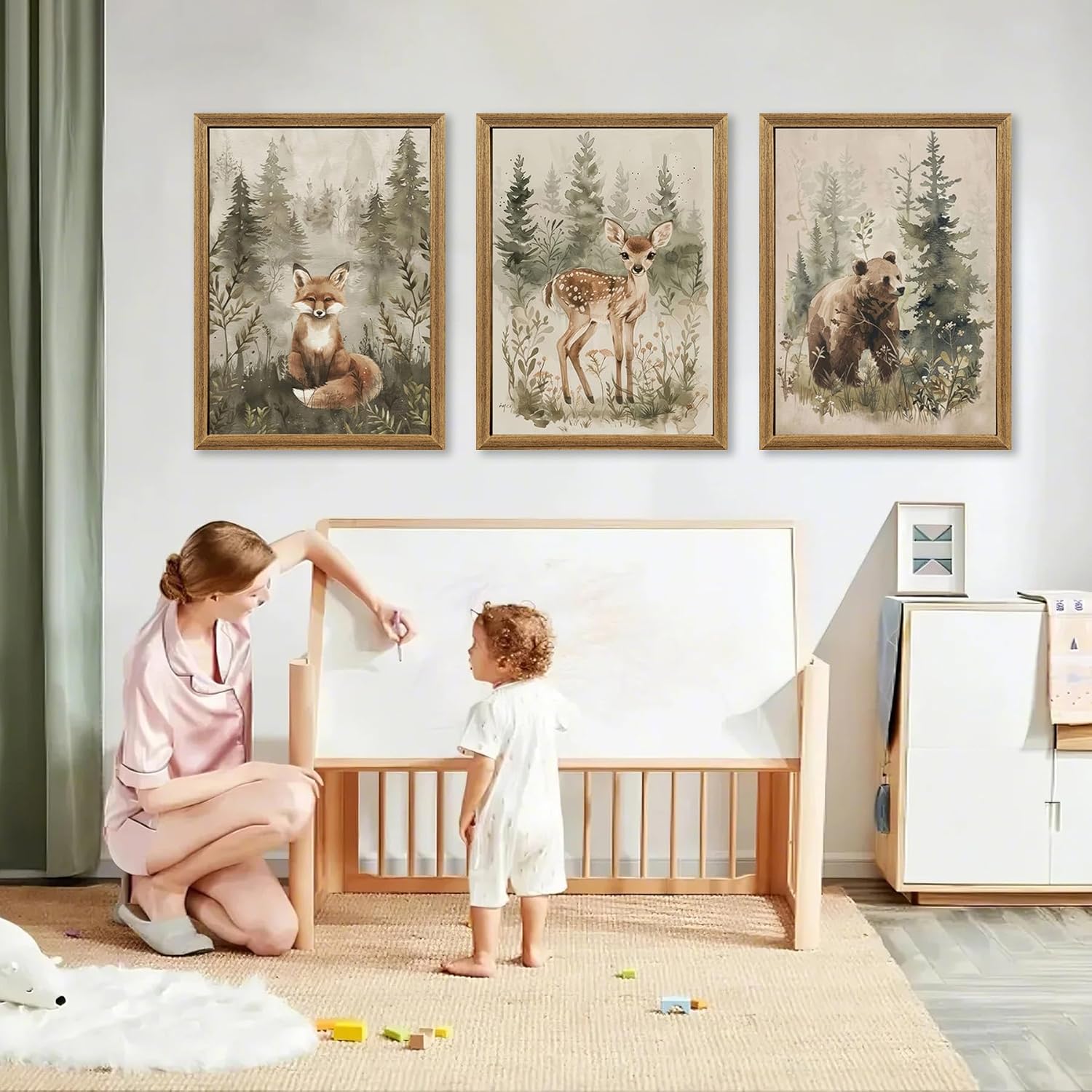 Woodland Animals Nursery Decor Framed Canvas Wall Art, 3pc 12x16 In | Cute Bear Fox Deer, Neutral Forest Animals