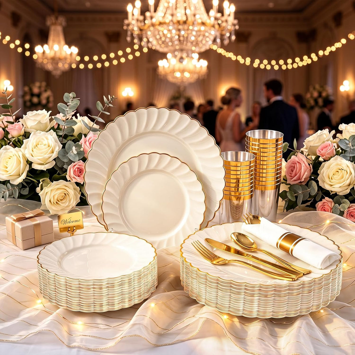 350PCS Ivory Scalloped Plastic Plates for Wedding Party