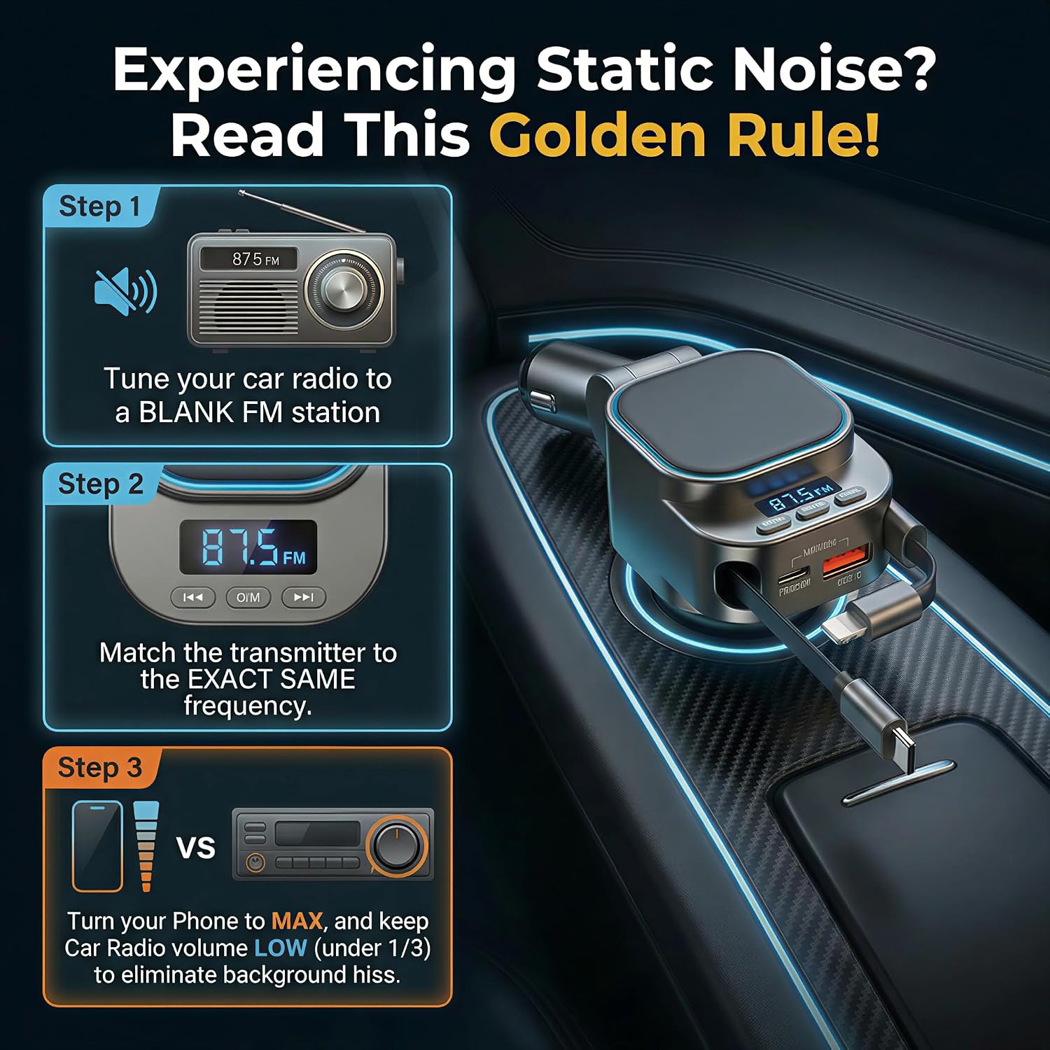Bluetooth 5.3 Car Adapter, 96W FM Transmitter, 4-in-1 Retractable Charger | 96W Fast Charging | Bluetooth 5.3