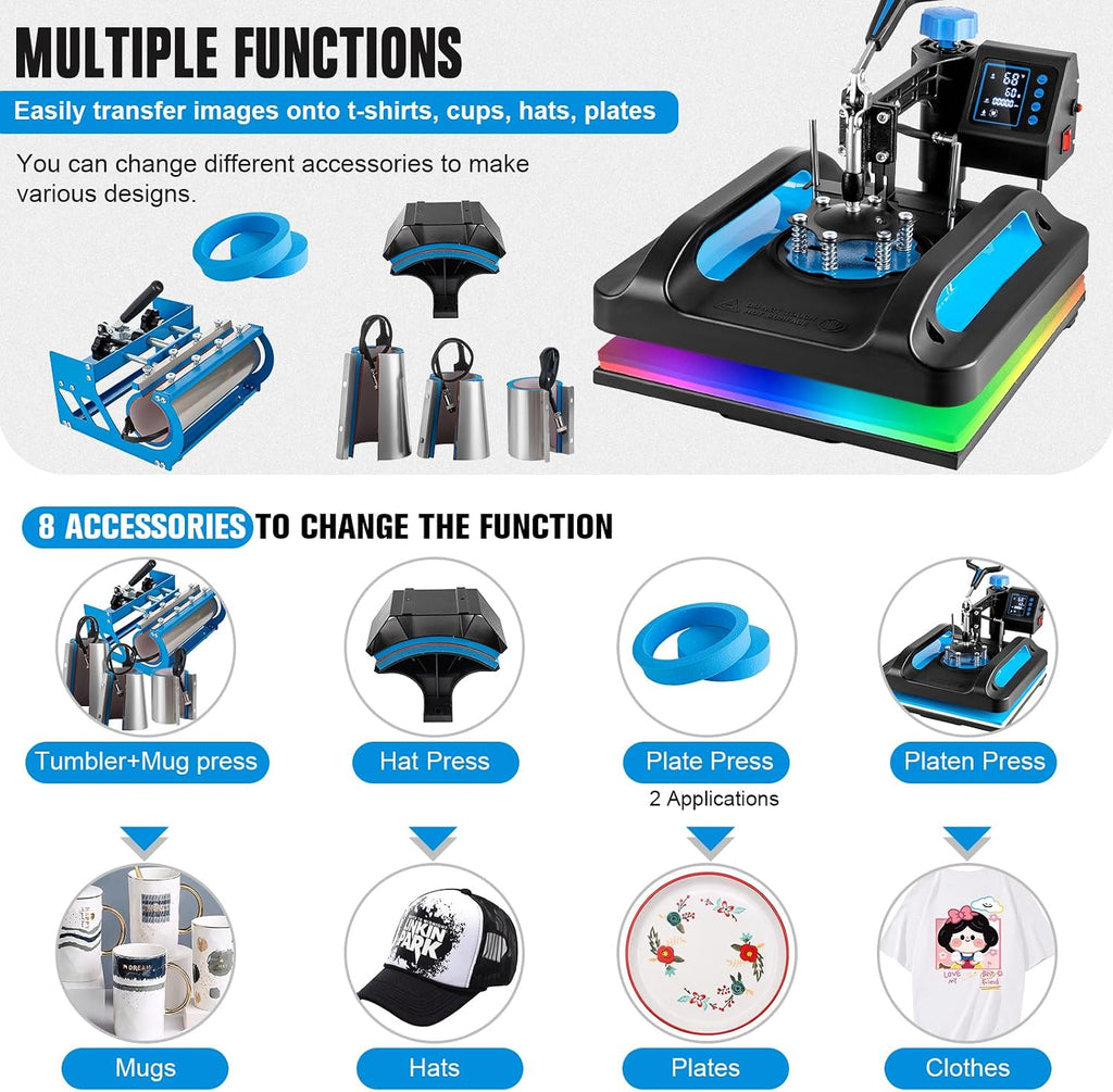 Pro Heat Press 15x15 Inch, 8 in 1 Heat Press Machine with 30 OZ Tumbler Press, Swing Away T Shirt Pressing Machine