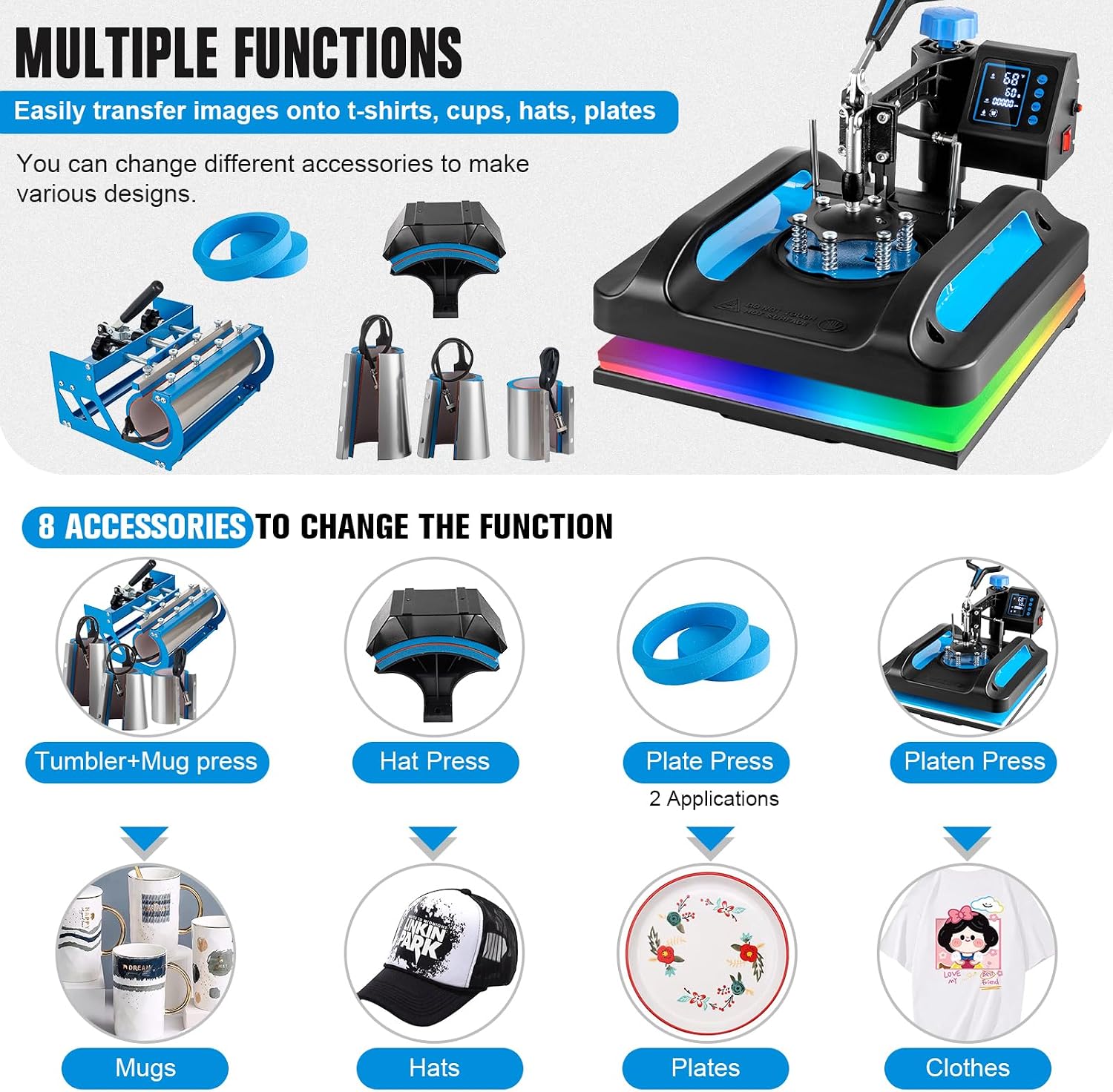 Pro Heat Press 15x15 Inch, 8 in 1 Heat Press Machine with 30 OZ Tumbler Press, Swing Away T Shirt Pressing Machine