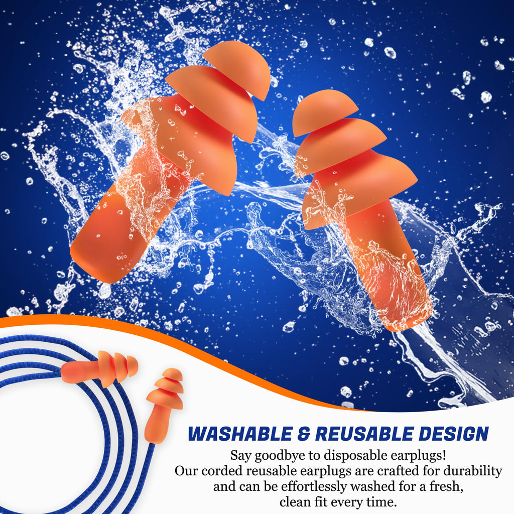 Quality Reusable Earplugs 100 Pair - 25dB Corded Silicone Ear Plugs for Shooting Construction Work Ear Plugs