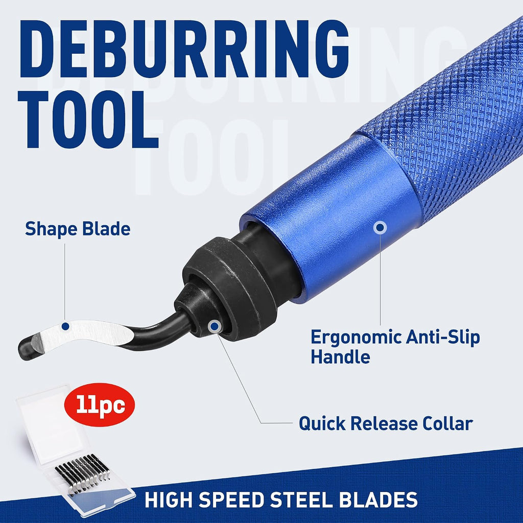 Deburring Tool with 11 Extra High Speed Steel Swivel Blades | 360 Degree Rotary Head Deburring Tool for Metal, Resin