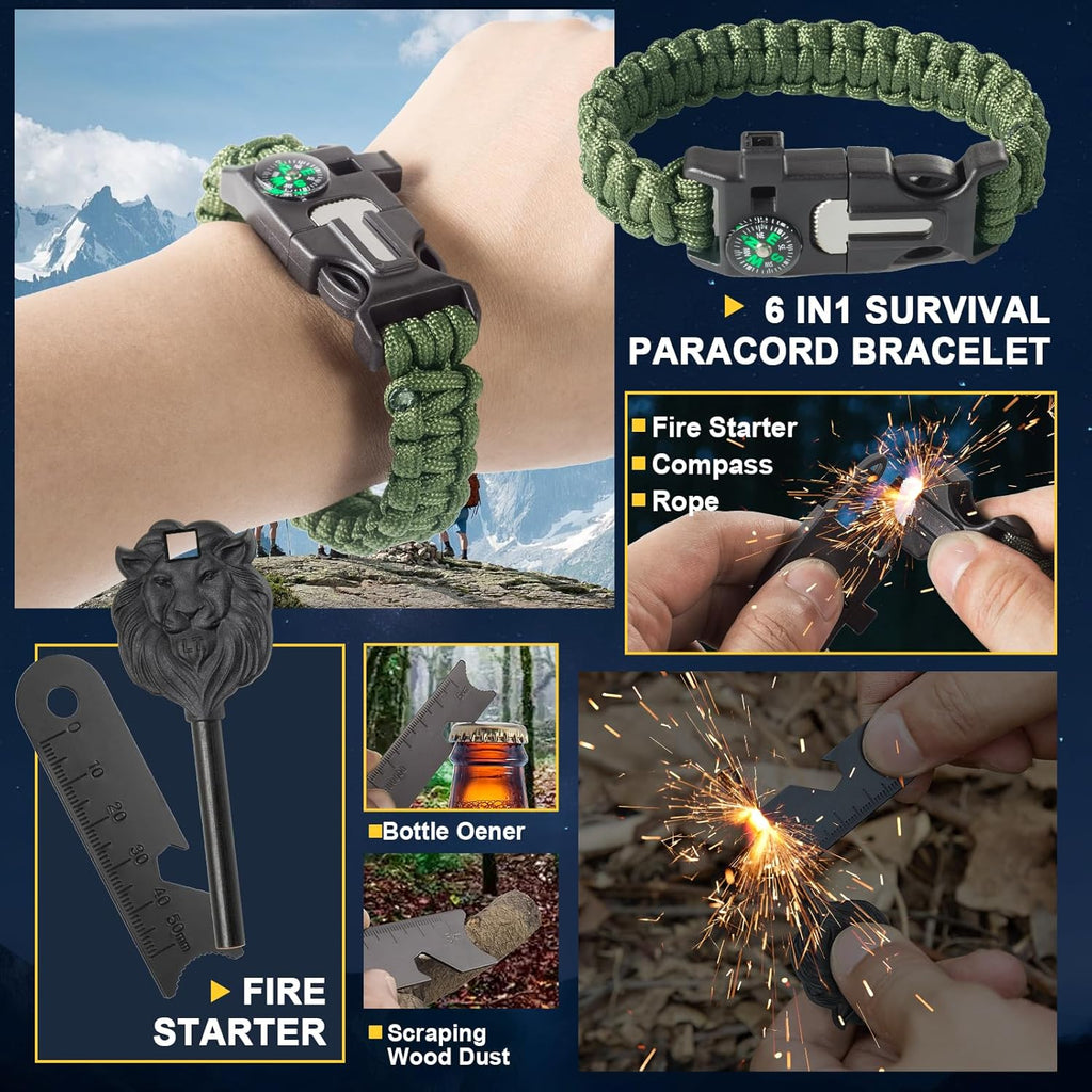 Survival Kit and Emergency Gear - 66 in 1 Outdoor Equipment with First Aid Fire,Starter, Knife, Compass for Camping