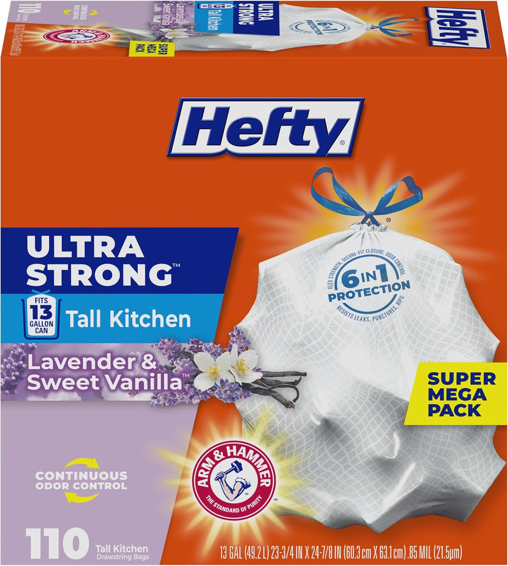 Ultra Strong 13 Gal Kitchen Trash Bags, Lavender Vanilla, 110ct | Bulk Pack, 13G Tall White Trash Bags with