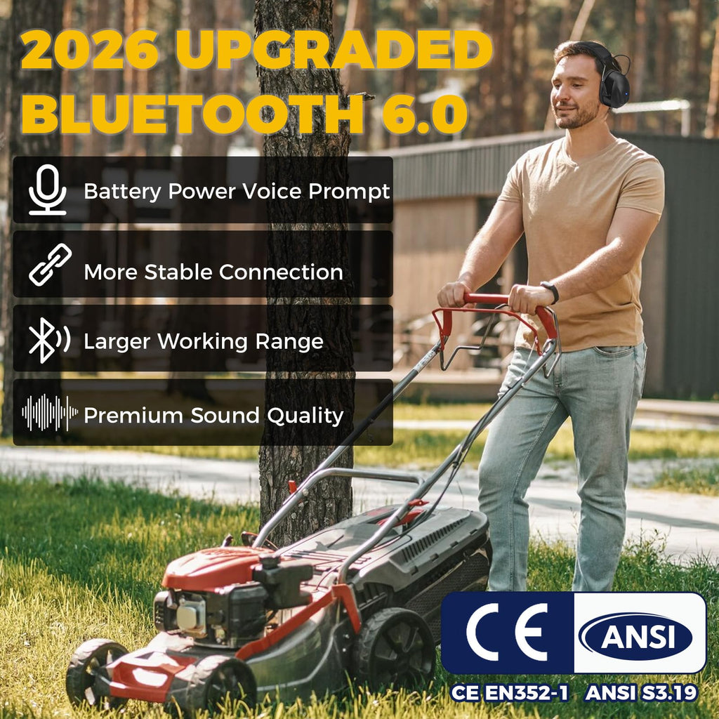 Bluetooth 6.0 Hearing Protection with 120H Working Time, 30dB Safety Earmuffs, Rechargeable Bluetooth Work