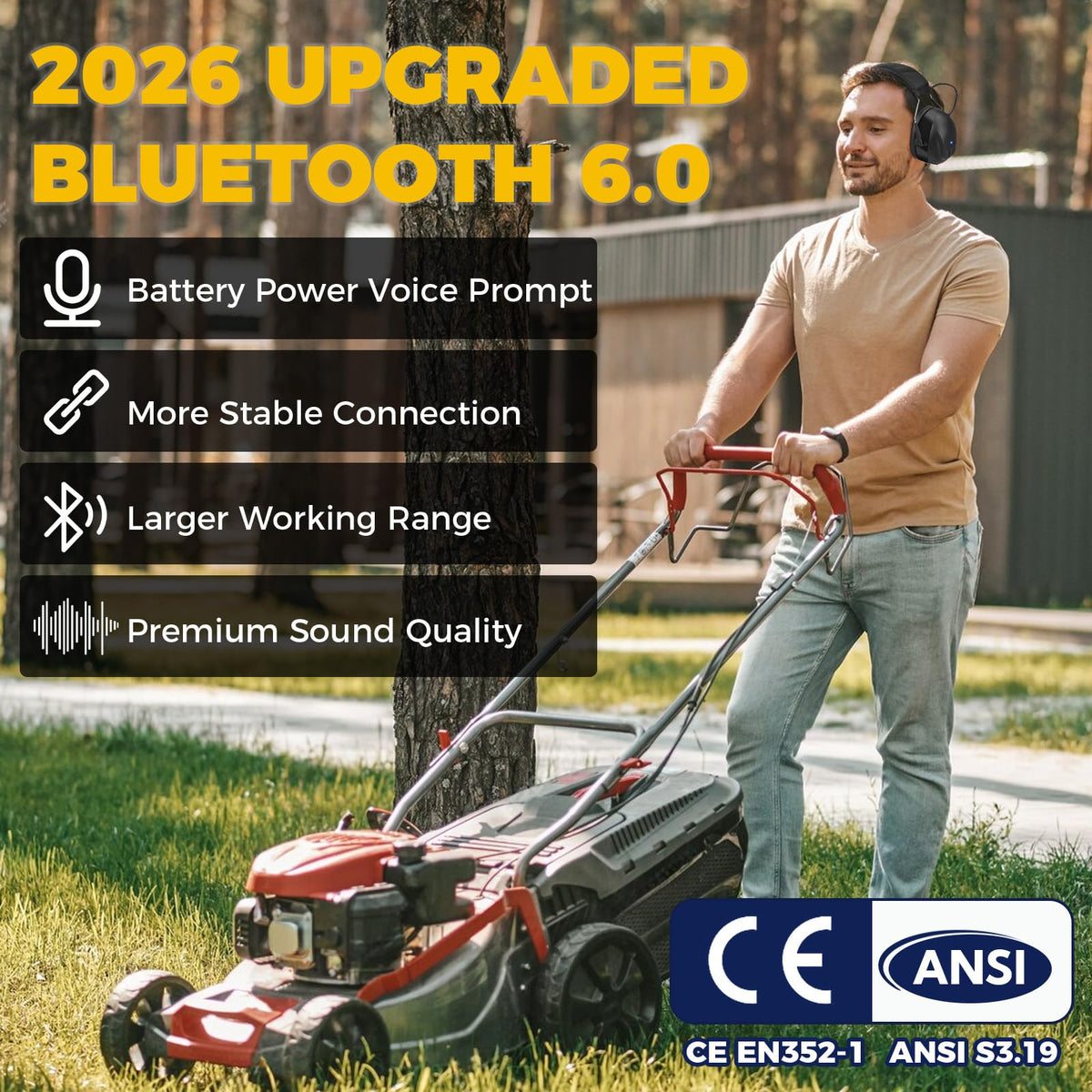 Bluetooth 6.0 Hearing Protection with 120H Working Time, 30dB Safety Earmuffs, Rechargeable Bluetooth Work