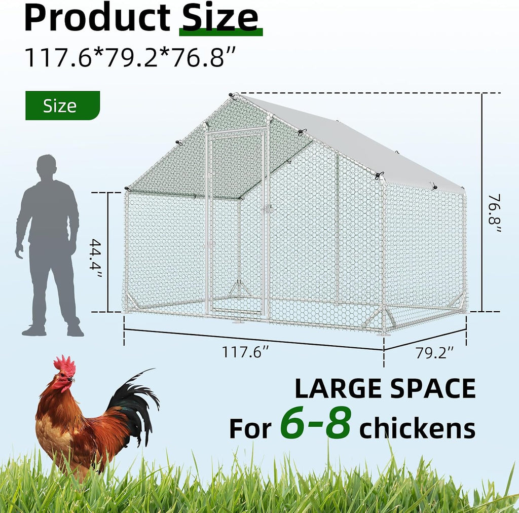Metal Chicken Coop, 9.8x6.6 FT Walk-in Chicken Run Pen Poultry Cage, Water-Resistant & Anti-UV Cover, Large Chicken