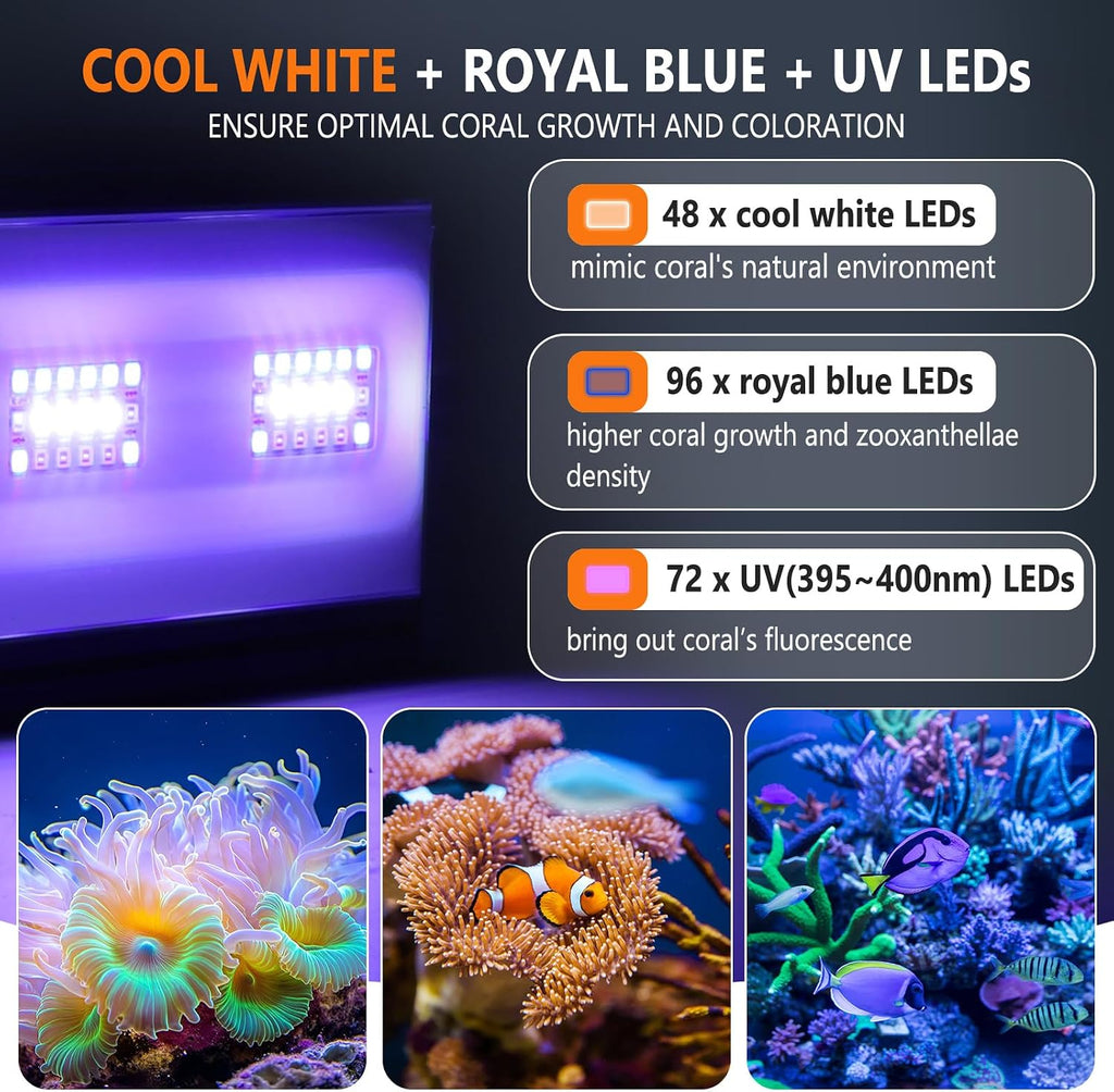 LED Saltwater Aquarium Light, 24/7 Mode Nano Tank Reef Light for Coral, Refugium Light with White, Blue, U-V LEDs