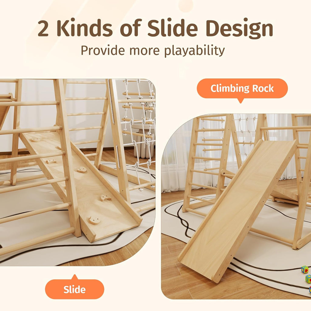 Indoor Jungle Gym for Toddlers, 8-in-1 Wooden Montessori Climbing Toys with Slide, Swing, Rock Wall, Rope Ladder