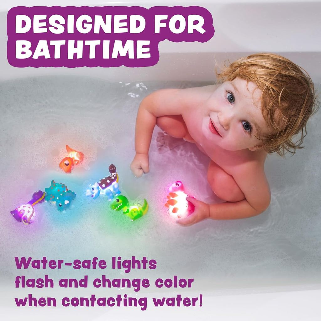 Dinos Dinosaur Light Up Bath Toys, 6 Pack | Water-Activated Light Up Toys Flash & Change Color | Easy-Grip Baby &