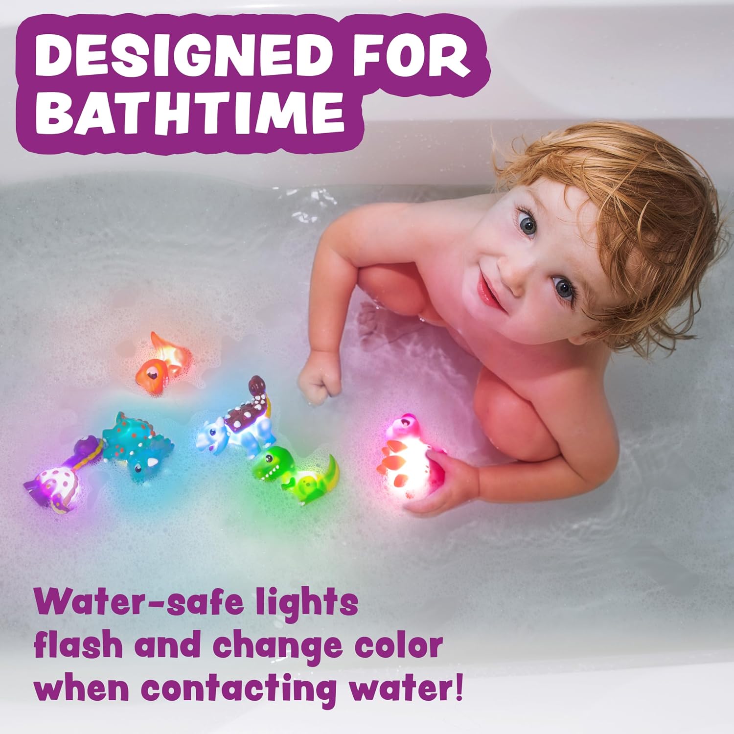 Dinos Dinosaur Light Up Bath Toys, 6 Pack | Water-Activated Light Up Toys Flash & Change Color | Easy-Grip Baby &