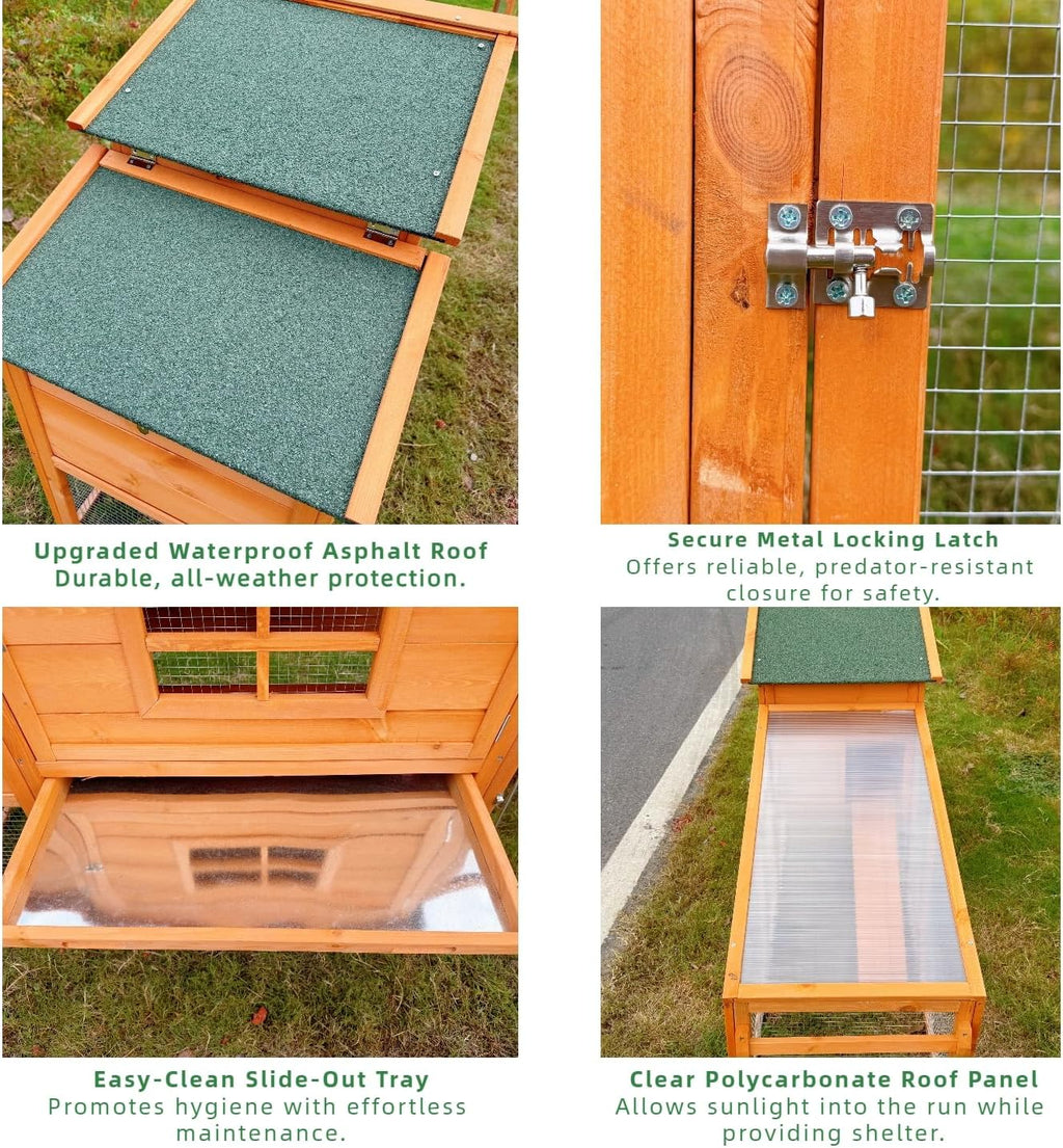 Mobile Chicken Coop with Wheels, Portable Hen House for 4-6 Chickens, Wood Outdoor Poultry Cage with Large Run