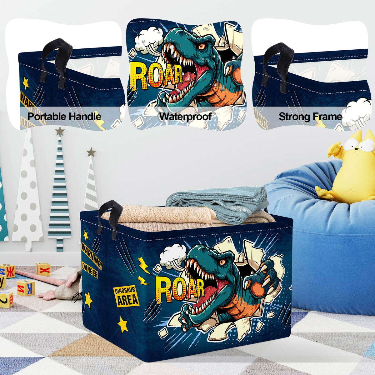 Large Dragon Kid Storage Basket Foldable Boy Laundry Hamper, 36L