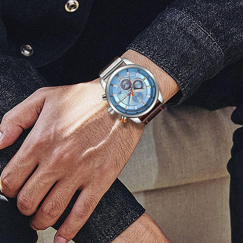 Men Chronograph Sport Watches Brown Leather Strap Quartz Watch | Business Casual Wrist Watch for