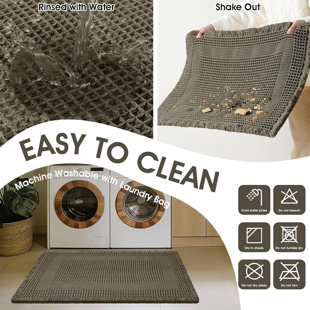 Upgraded Waffle Bath Mat Set 3 Piece Greyish Green-Looped, Super Absorbent Non-Slip Quick Dry Bathroom Rugs with