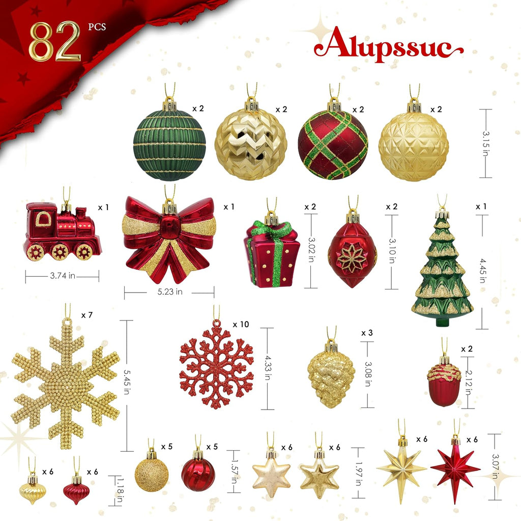 82pcs Classic Christmas Balls Ornaments Set, Red, Green and Gold | Delightful Gift Set, Shatterproof Plastic