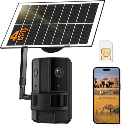 4G LTE Cellular Trail Camera (No WiFi Needed) with Built-in SIM Card, 180° Dual Lens, 4K Color Night Vision, 950nm
